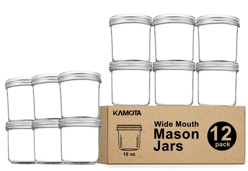 KAMOTA Wide Mouth Mason Jars 10 OZ, 10 OZ Mason Jars Canning Jars Jelly Jars With Wide Mouth Lids and Bands, Ideal for Jam, Honey, Wedding Favors, Shower Favors, Baby Foods, 12 PACKâ€¦ - Image 1